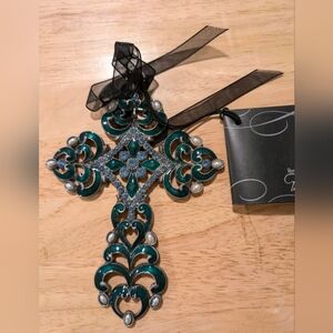 Elegant Teal and Silver Holiday Cross Ornament